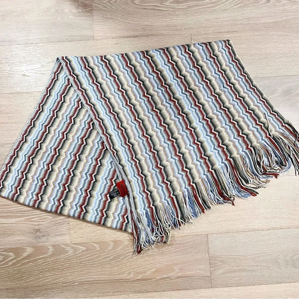 Missoni Wool Blend Zigzag Patterned Classic Scarf Blue Brown